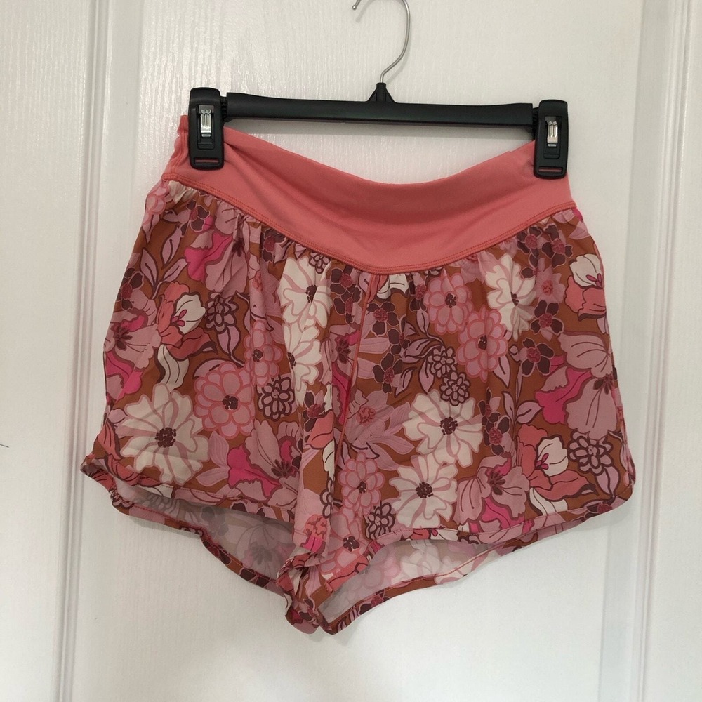 Aerie Womens Retro Floral Running Shorts Pink Multi High Rise Activewear Size M